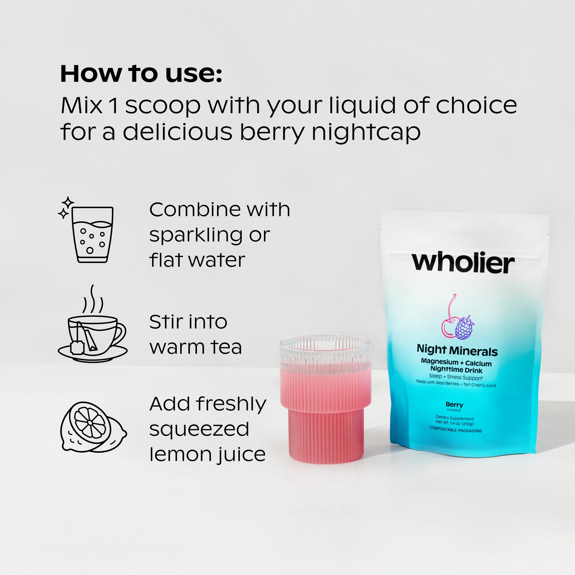 Wholier Night Minerals ingredients panel highlighting magnesium and tart cherry