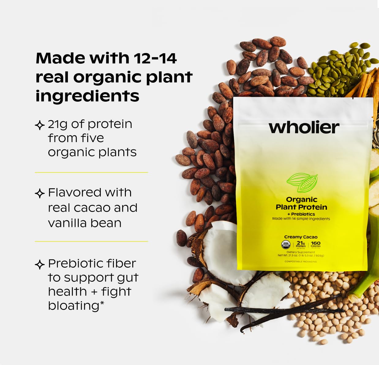 Wholier Organic Plant Protein shake shown with glass and blender for a creamy, satisfying drink.