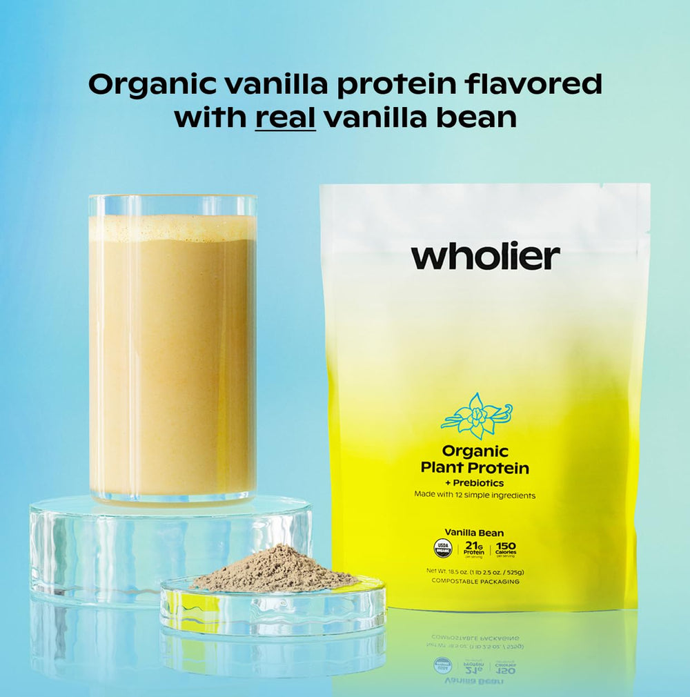 Wholier Organic Plant Protein with prebiotic fiber beside a digestion-friendly setup, supporting gut health.