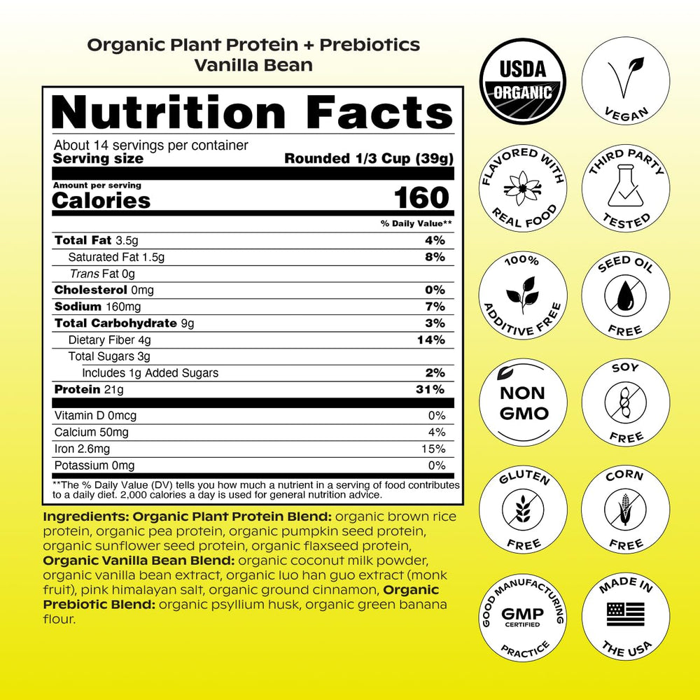 Wholier Organic Plant Protein tub on kitchen counter with measuring scoop, highlighting easy, versatile use.