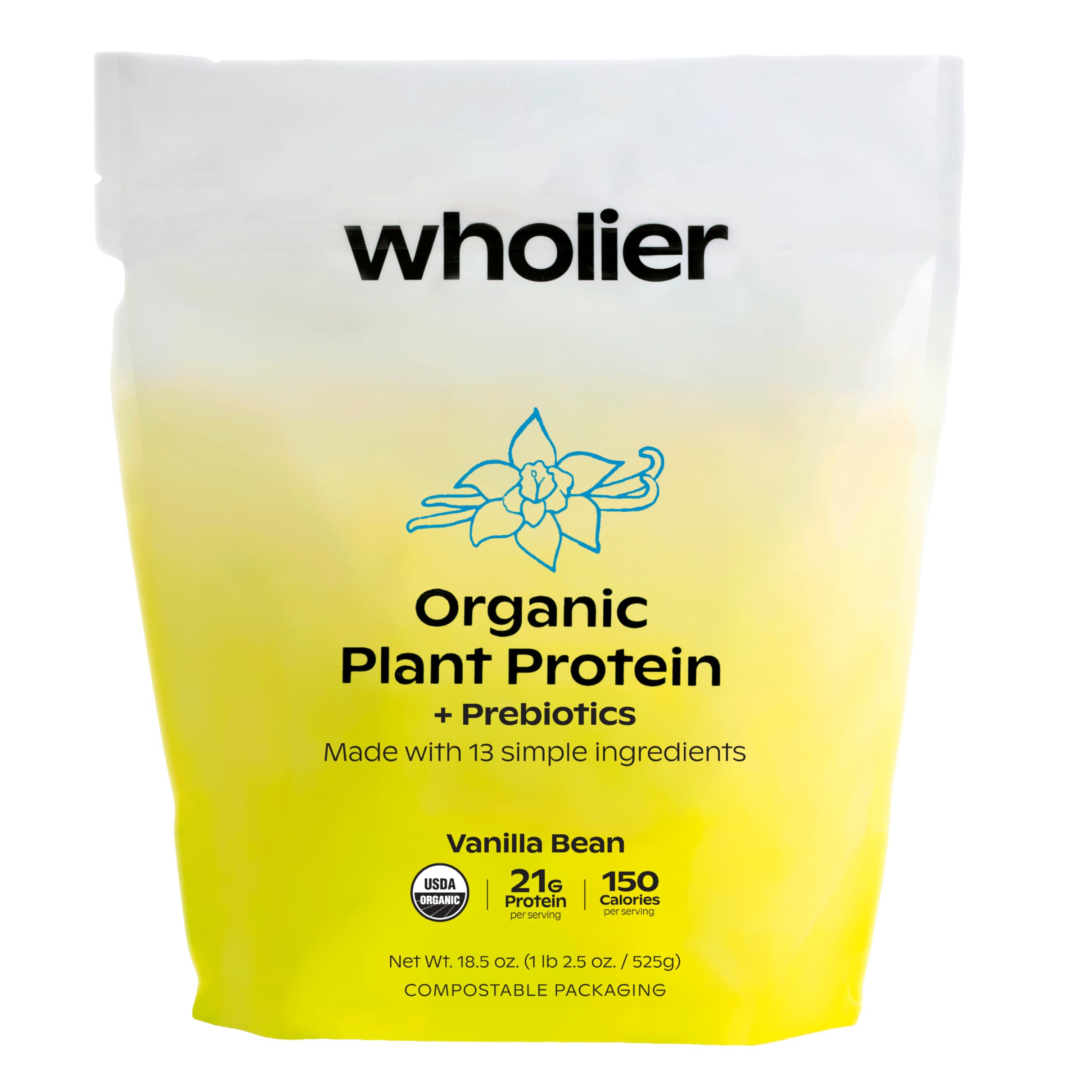 Wholier Organic Plant Protein Vanilla Bean powder bag highlights real vanilla flavor and clean nutrition.