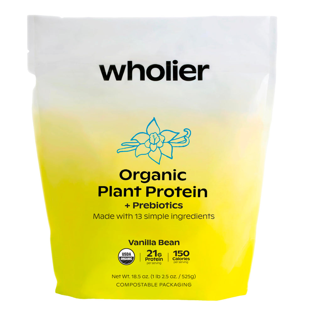 Wholier Organic Plant Protein Vanilla Bean powder bag highlights real vanilla flavor and clean nutrition.