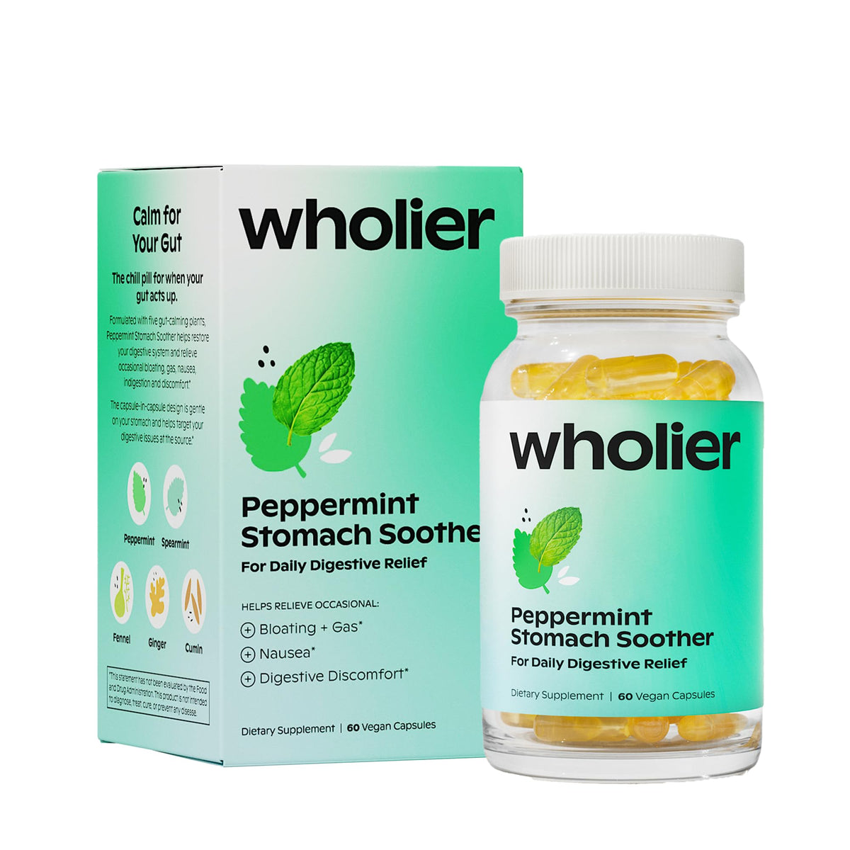 Wholier peppermint oil and ginger bottle offering fast relief for bloating and nausea.
