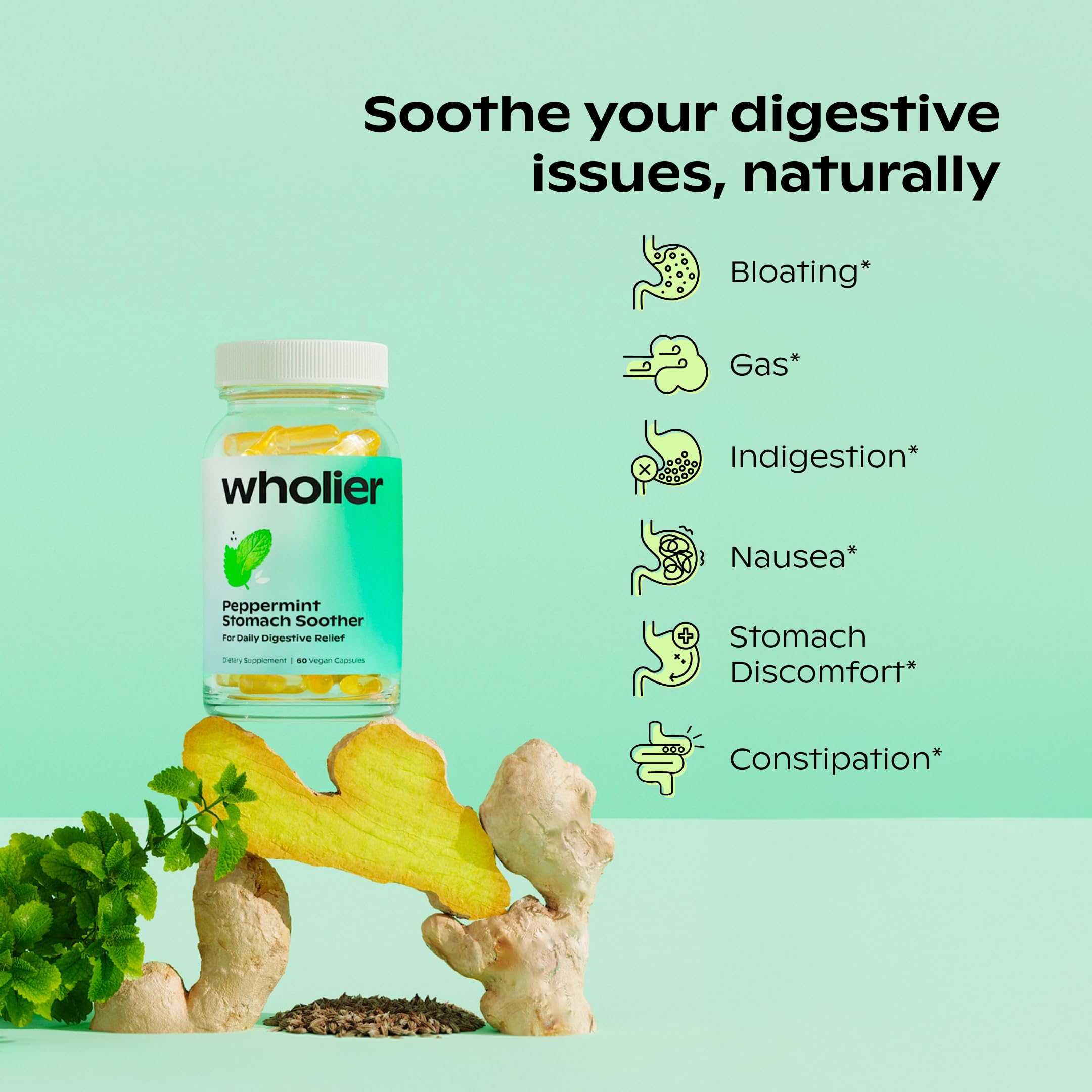 Wholier peppermint stomach soother capsules package highlighting vegan, allergen-free digestive support.