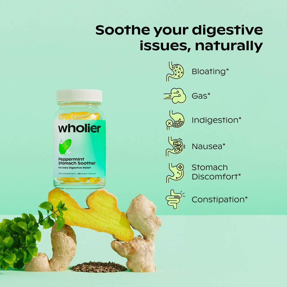 Wholier peppermint stomach soother capsules package highlighting vegan, allergen-free digestive support.