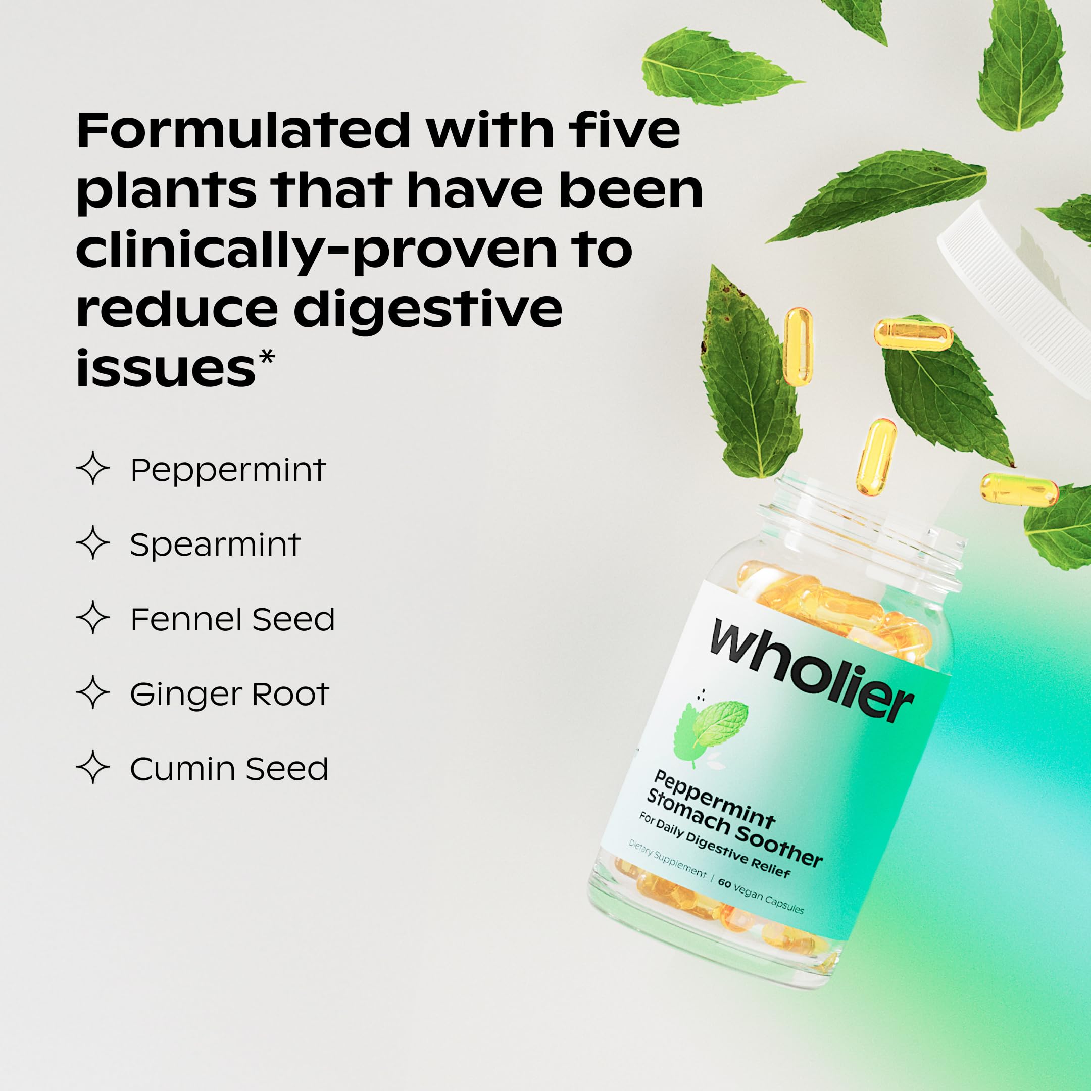 Wholier peppermint oil bottle label showing enteric-coated inner capsule delivery.