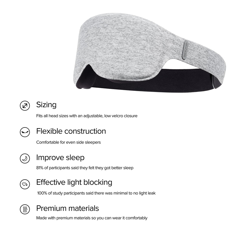 Whoop Restorative Sleep Mask with adjustable strap for side sleepers.