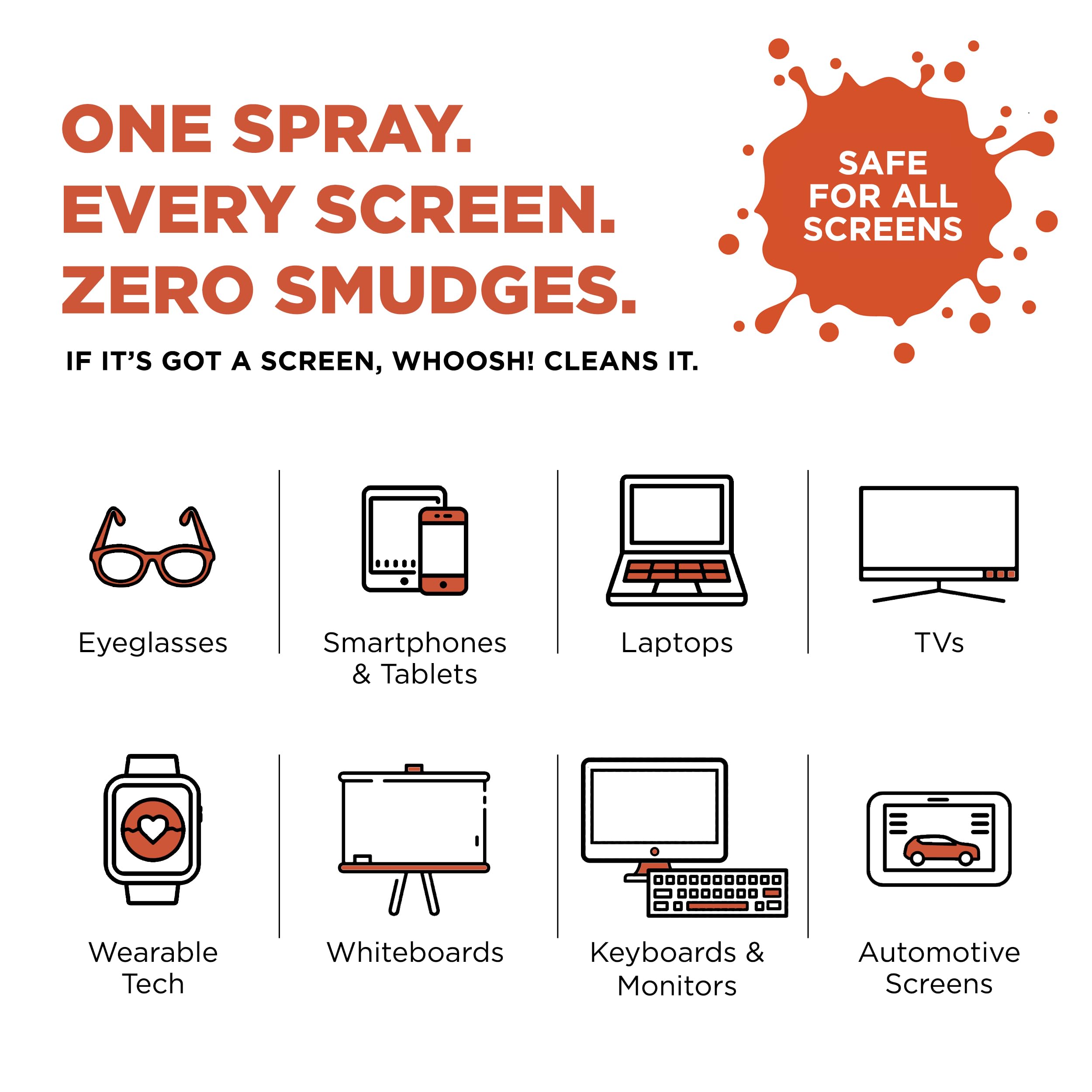 Compact WHOOSH Screen Shine Go car screen cleaner refreshing a dashboard display