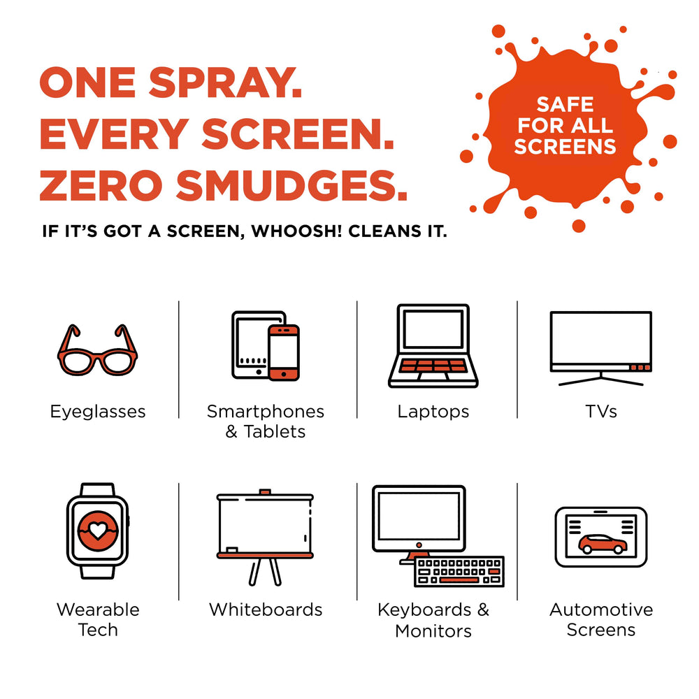 Compact WHOOSH Screen Shine Go car screen cleaner refreshing a dashboard display