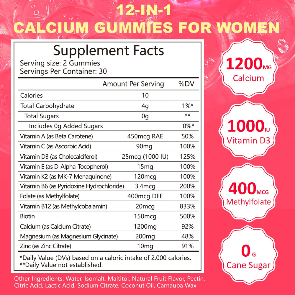 Whoyun calcium gummies ingredients close-up highlighting folate and D3