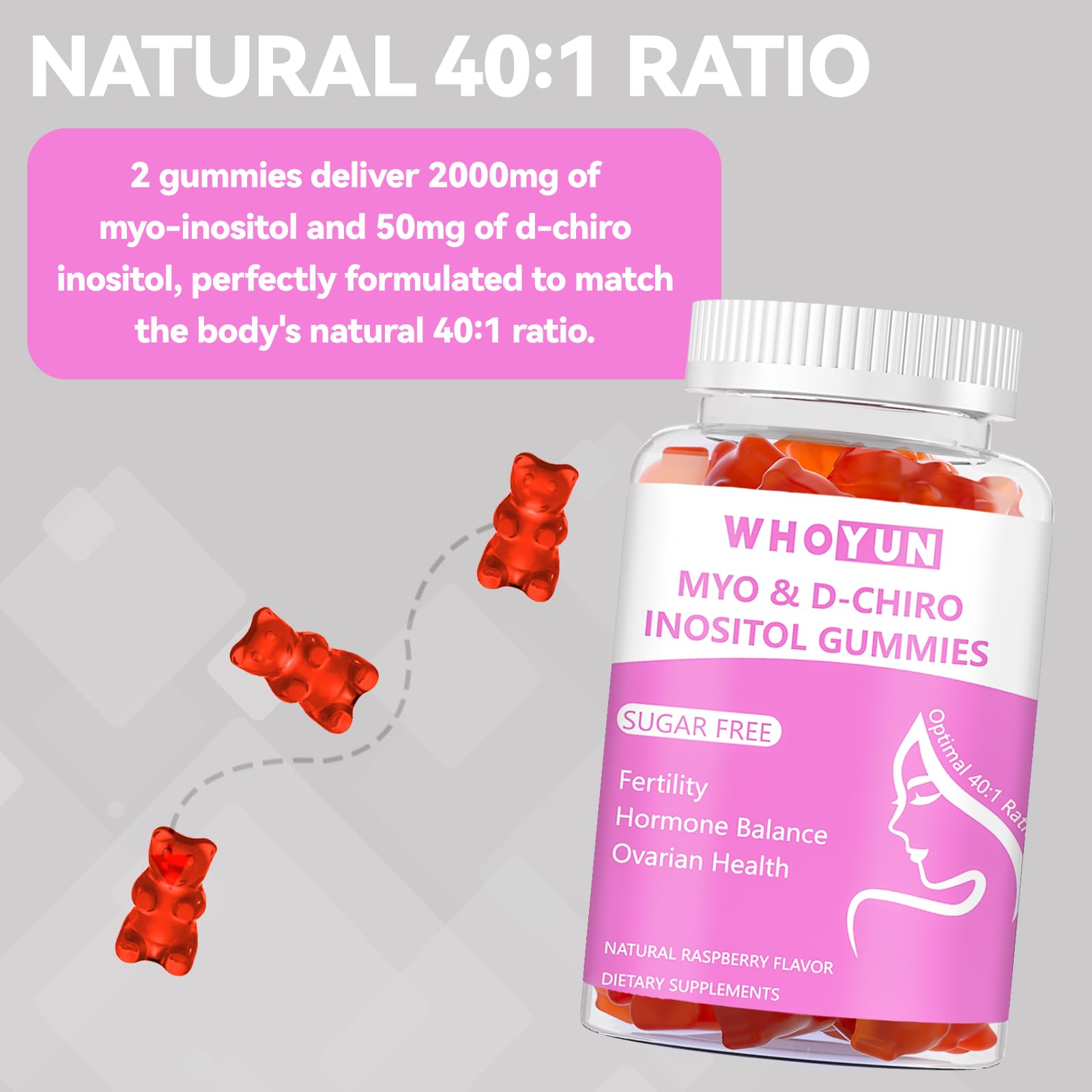 Whoyun Inositol Gummies 40:1 ratio label highlights balanced myo and d-chiro inositol