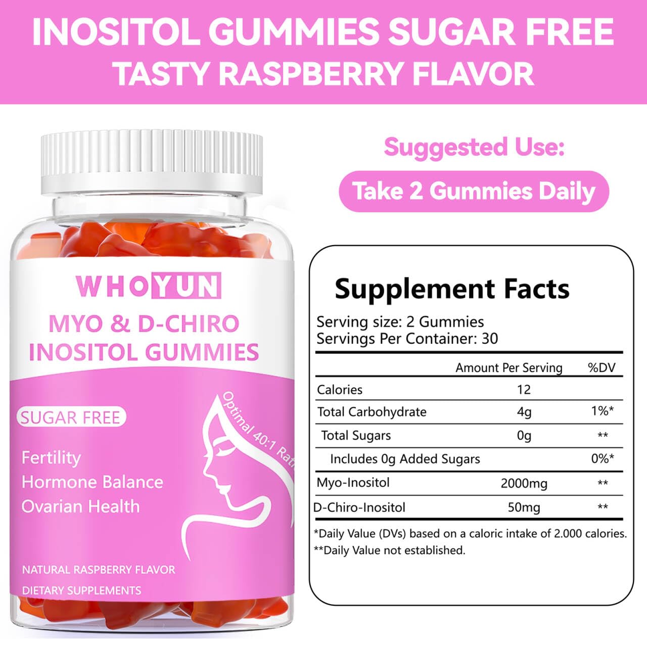 Whoyun Inositol Gummies raspberry flavor close up with sugar free appeal