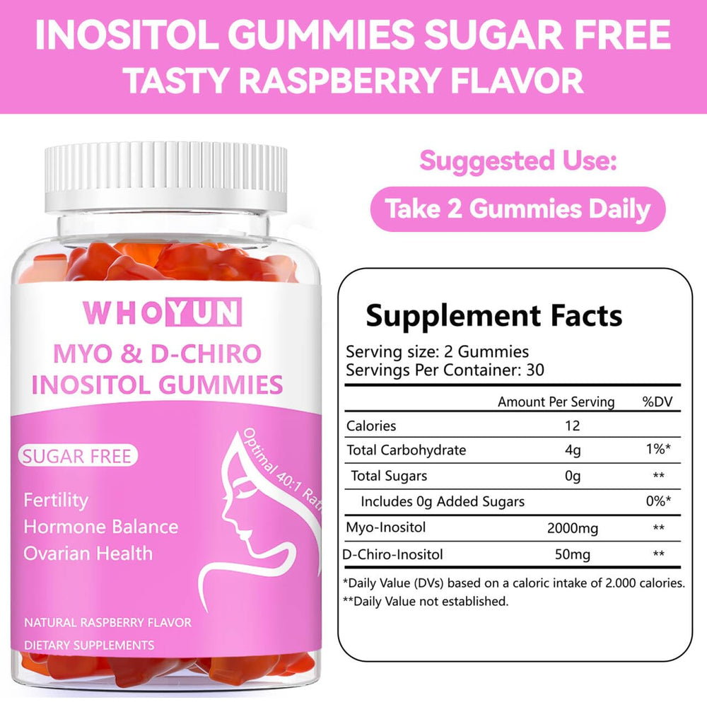 Whoyun Inositol Gummies raspberry flavor close up with sugar free appeal