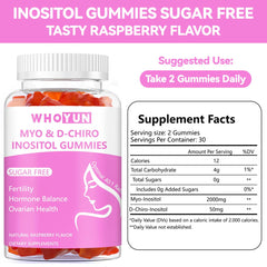 Whoyun Inositol Gummies raspberry flavor close up with sugar free appeal