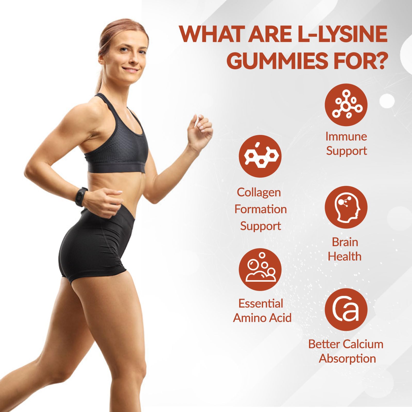 Whoyun L-Lysine gummies bottle label highlighting gluten-free and non-GMO ingredients.