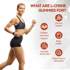 Whoyun L-Lysine gummies bottle label highlighting gluten-free and non-GMO ingredients.