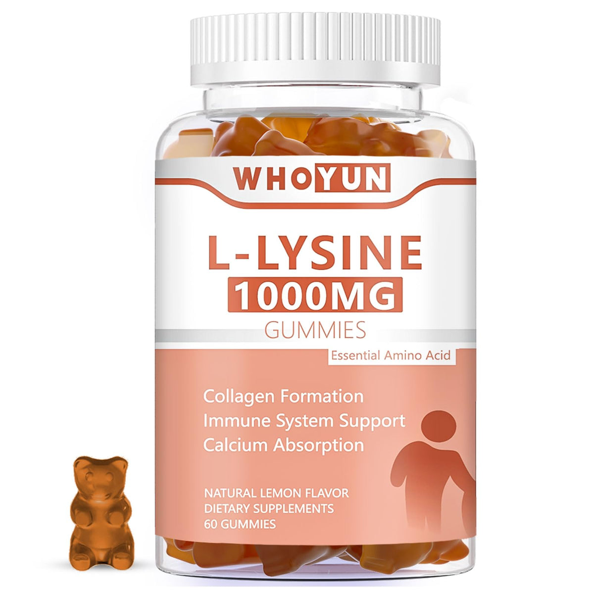 Whoyun L-Lysine gummies in lemon bottle showing easy daily immune support.