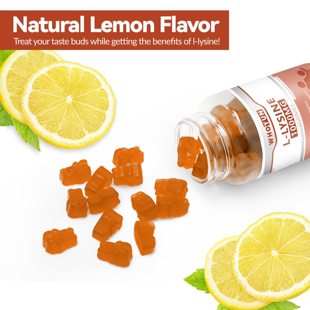 Whoyun L-Lysine gummies lemon flavor on counter for everyday intake.