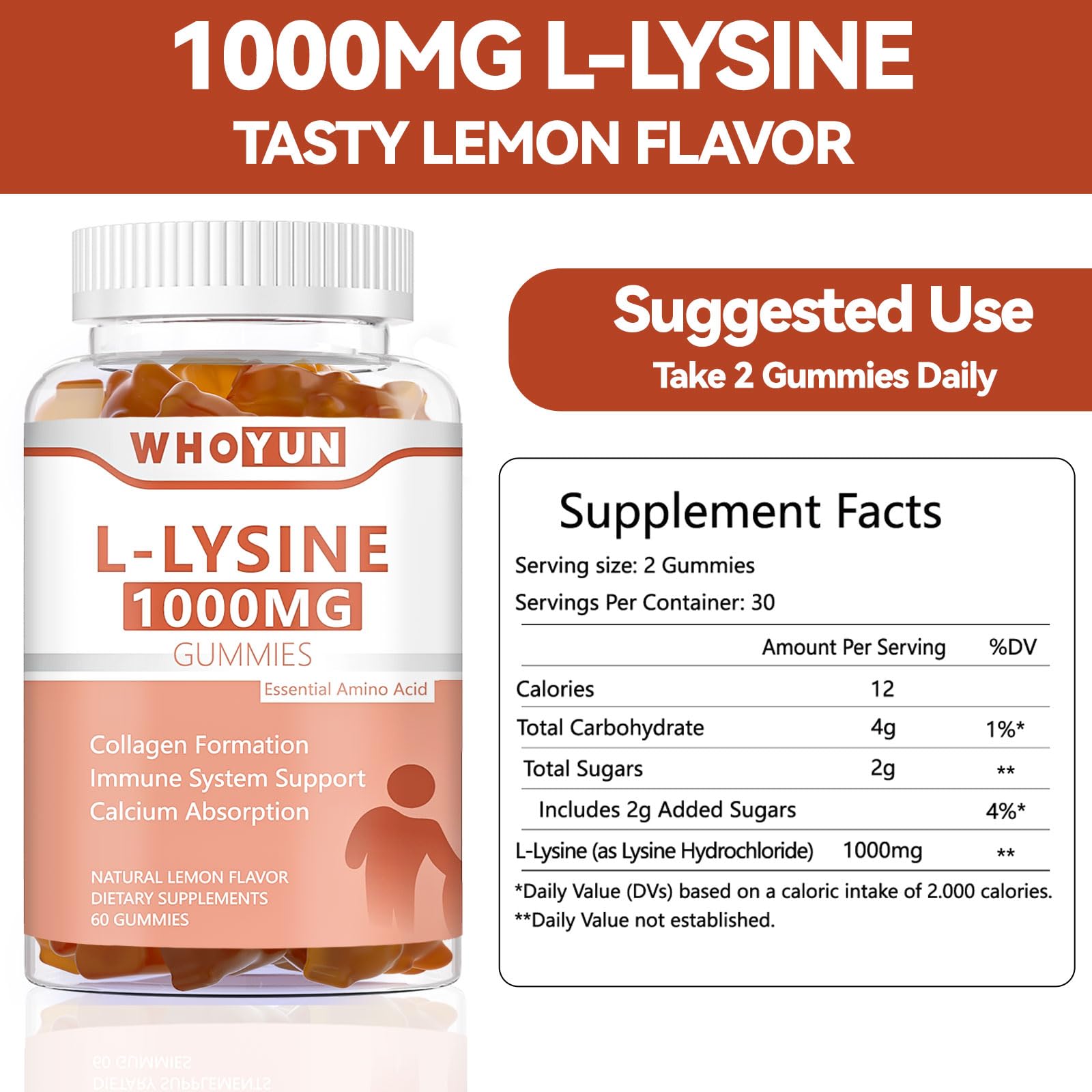 Whoyun L-Lysine gummies close-up with lemon flavor appeal.