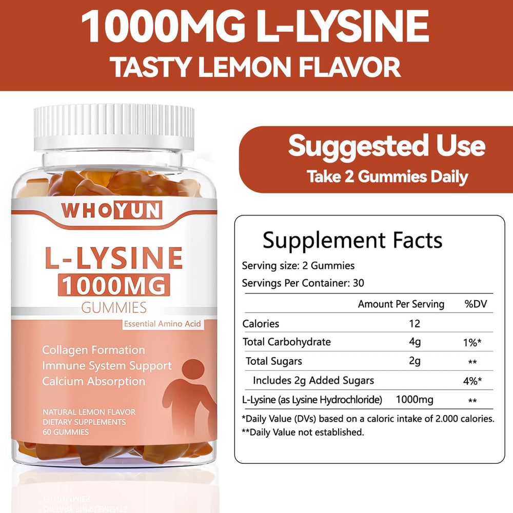 Whoyun L-Lysine gummies close-up with lemon flavor appeal.