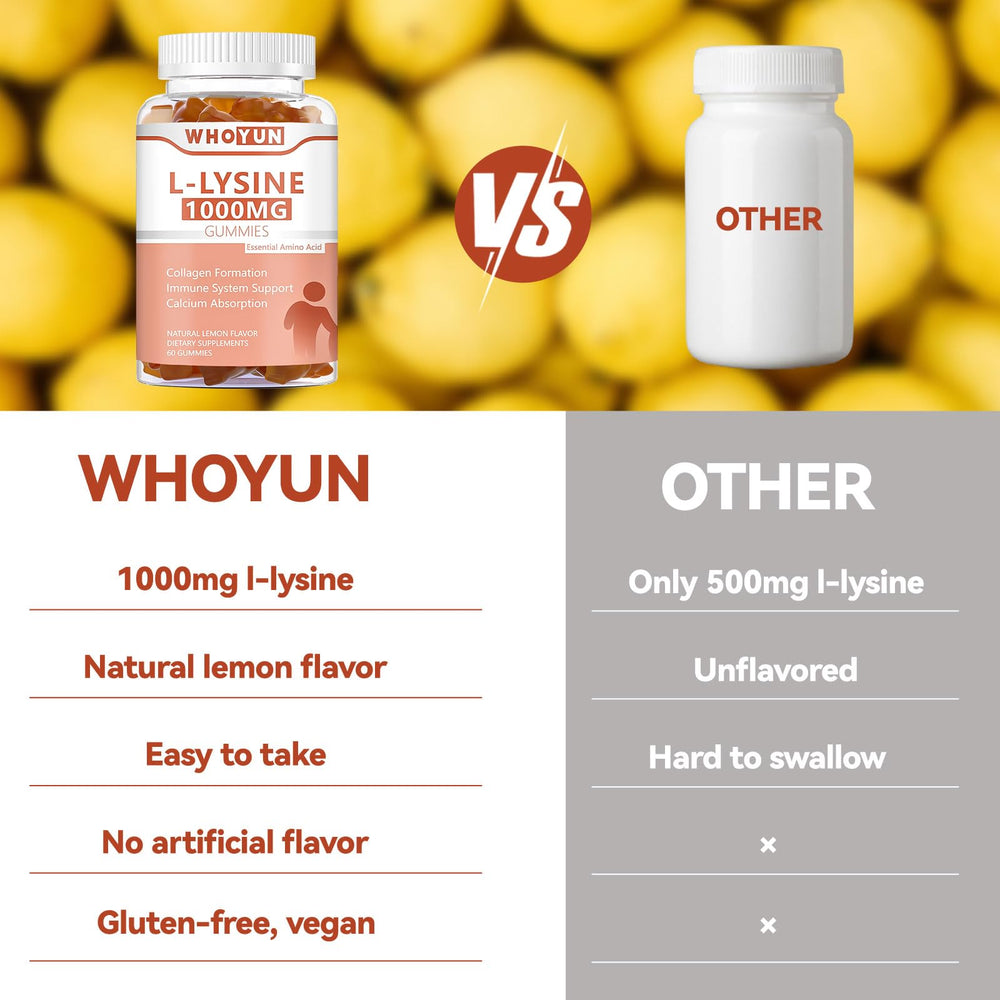 Whoyun L-Lysine gummies with lemon flavor and non-GMO certification seal.