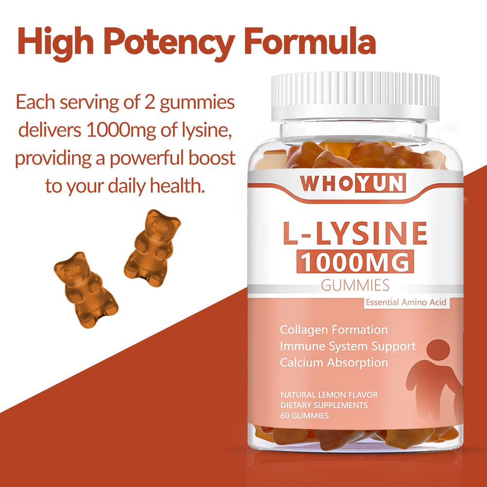 Two gummies serving of Whoyun L-Lysine for collagen formation and protein synthesis.