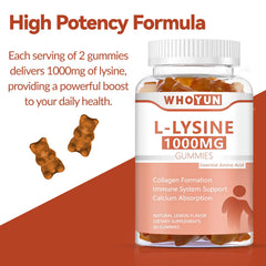 Two gummies serving of Whoyun L-Lysine for collagen formation and protein synthesis.