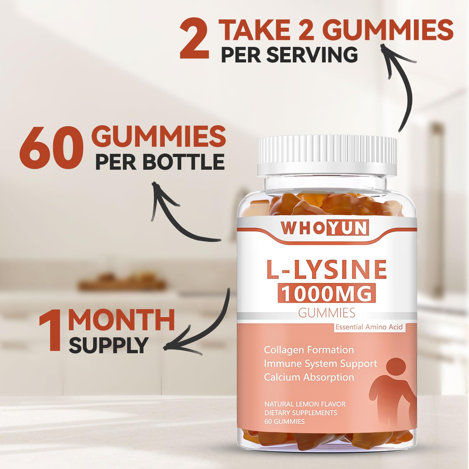 Whoyun L-Lysine gummies third-party tested label on bottle.