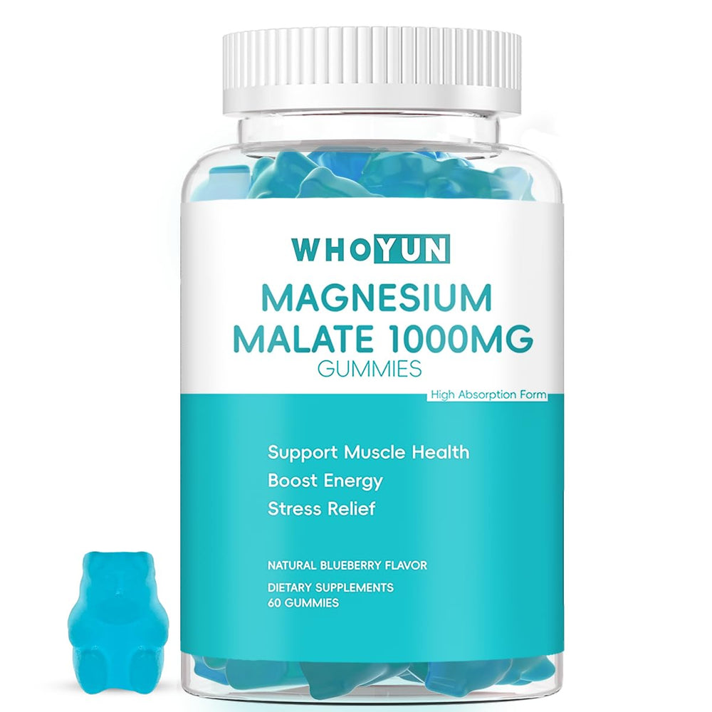 Whoyun Magnesium Malate Gummies bottle front showing vegan, non-GMO formula for daily wellness.