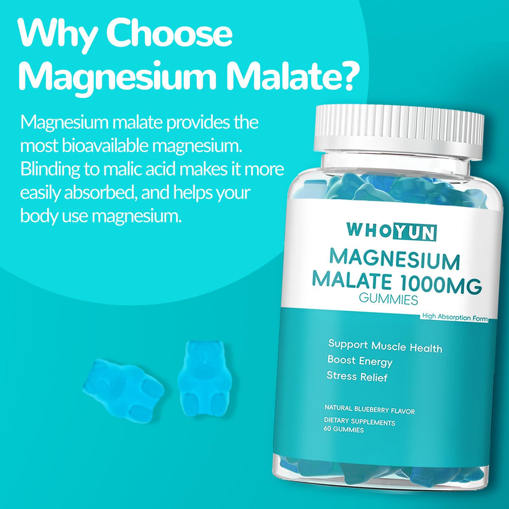 Whoyun Magnesium Malate Gummies close-up highlighting fruity texture for daily enjoyment.