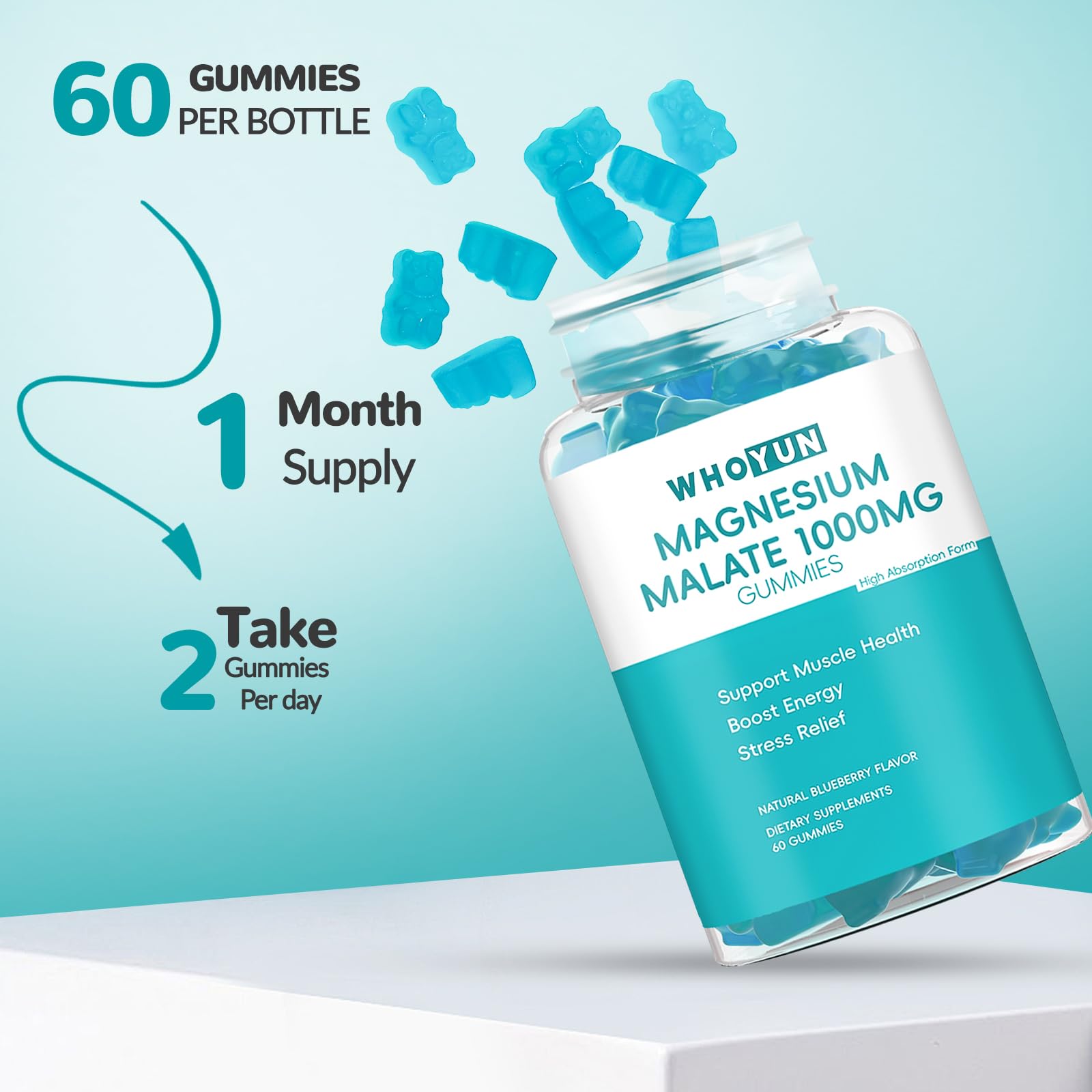 Whoyun Magnesium Malate Gummies jar detail for easy daily use.