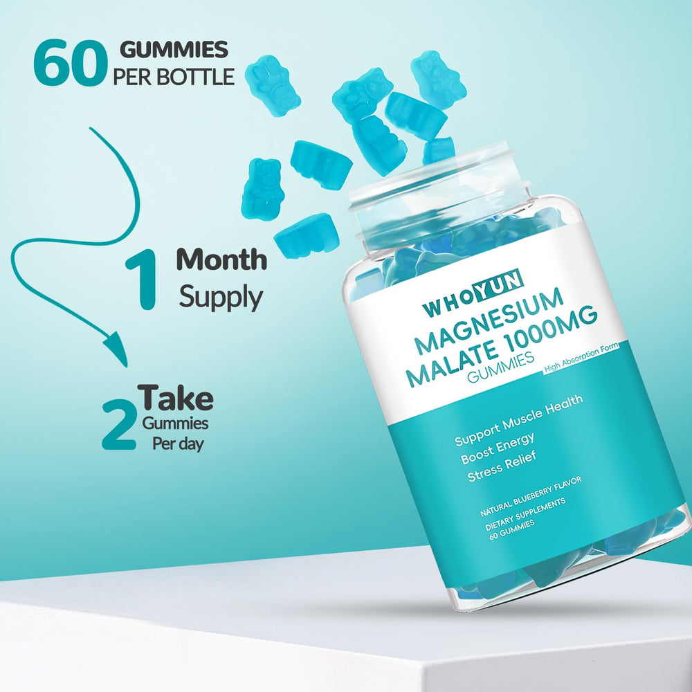 Whoyun Magnesium Malate Gummies jar detail for easy daily use.