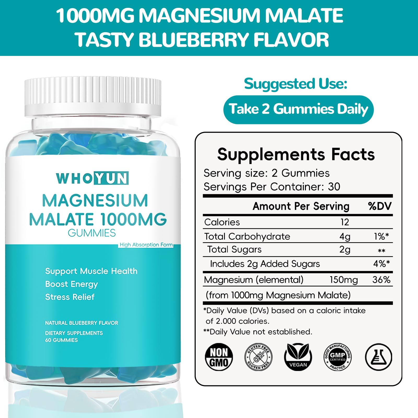 Whoyun Magnesium Malate Gummies two chews illustrating recommended dosage.