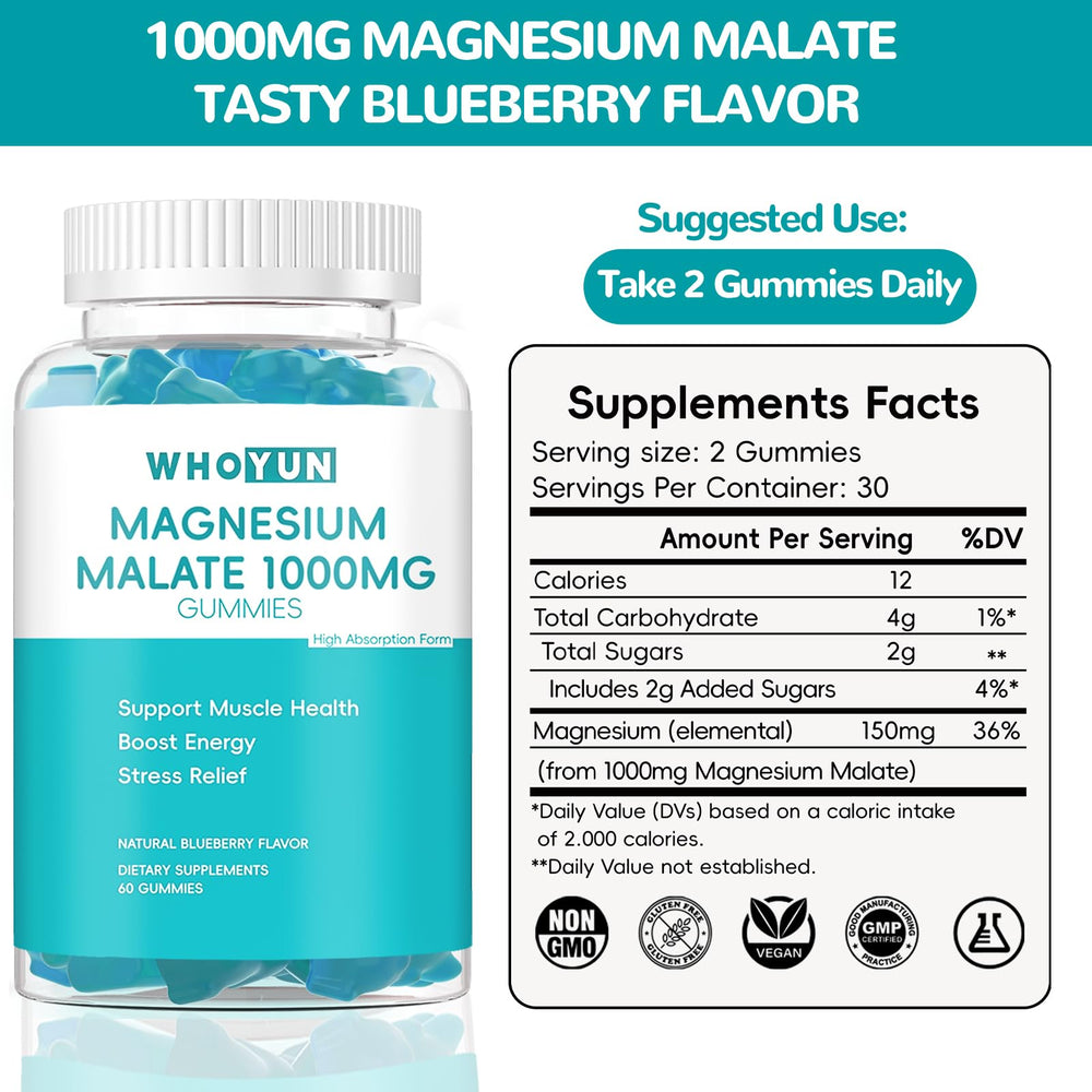 Whoyun Magnesium Malate Gummies two chews illustrating recommended dosage.