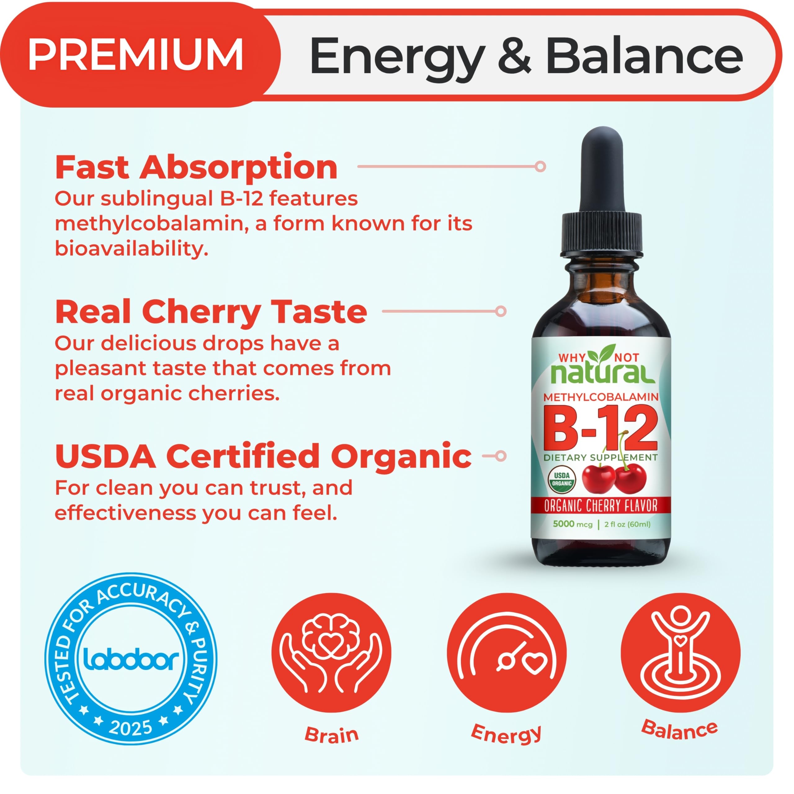Why Not Natural B12 Liquid graduated dropper enables precise dosing.