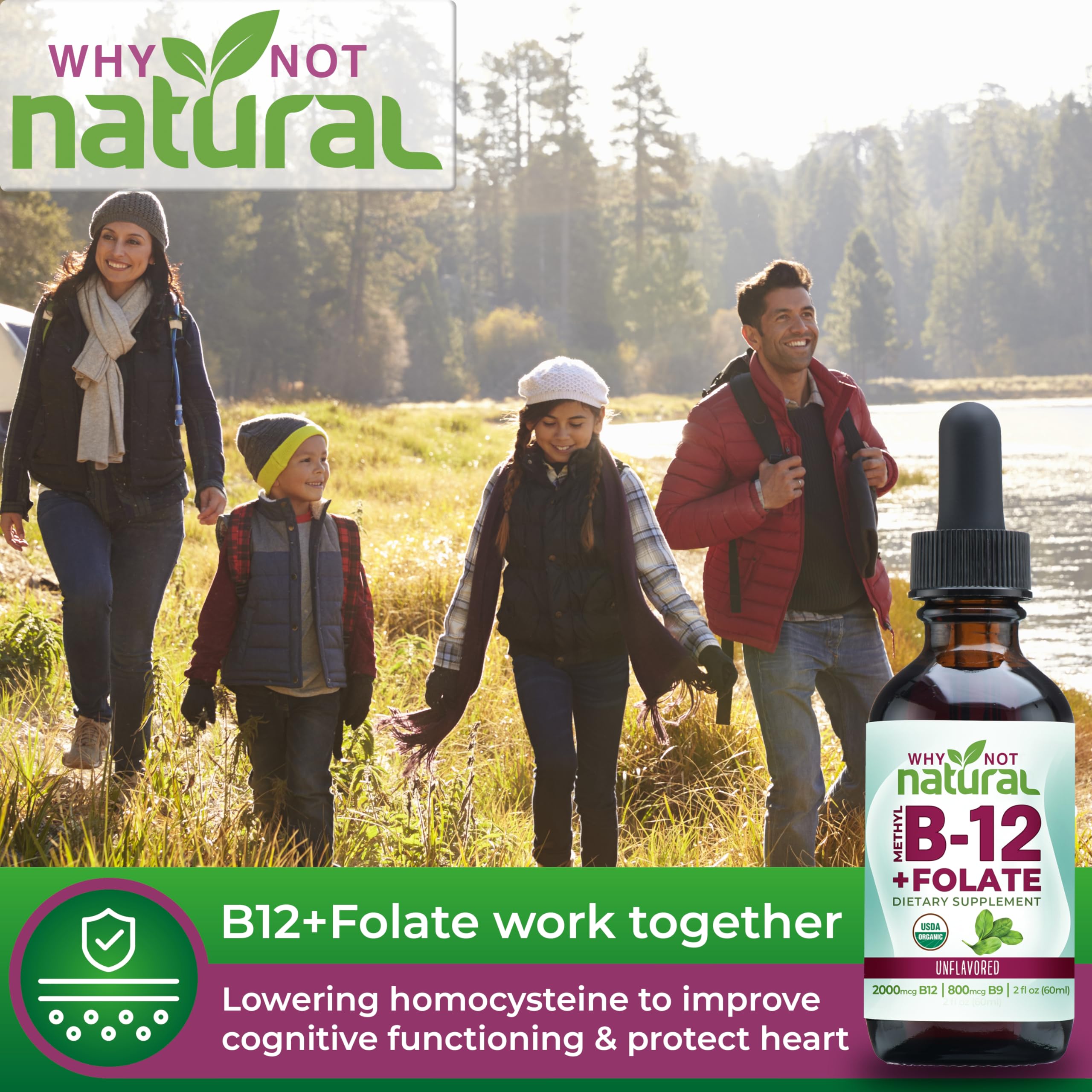 Why Not Natural B12 Liquid Plus Folate label close-up showing organic vegan formula.