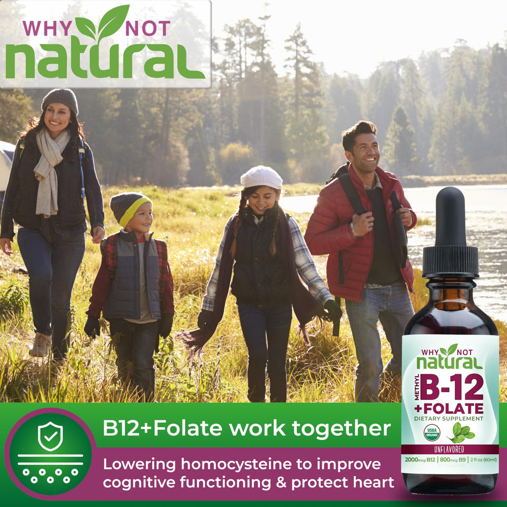 Why Not Natural B12 Liquid Plus Folate label close-up showing organic vegan formula.