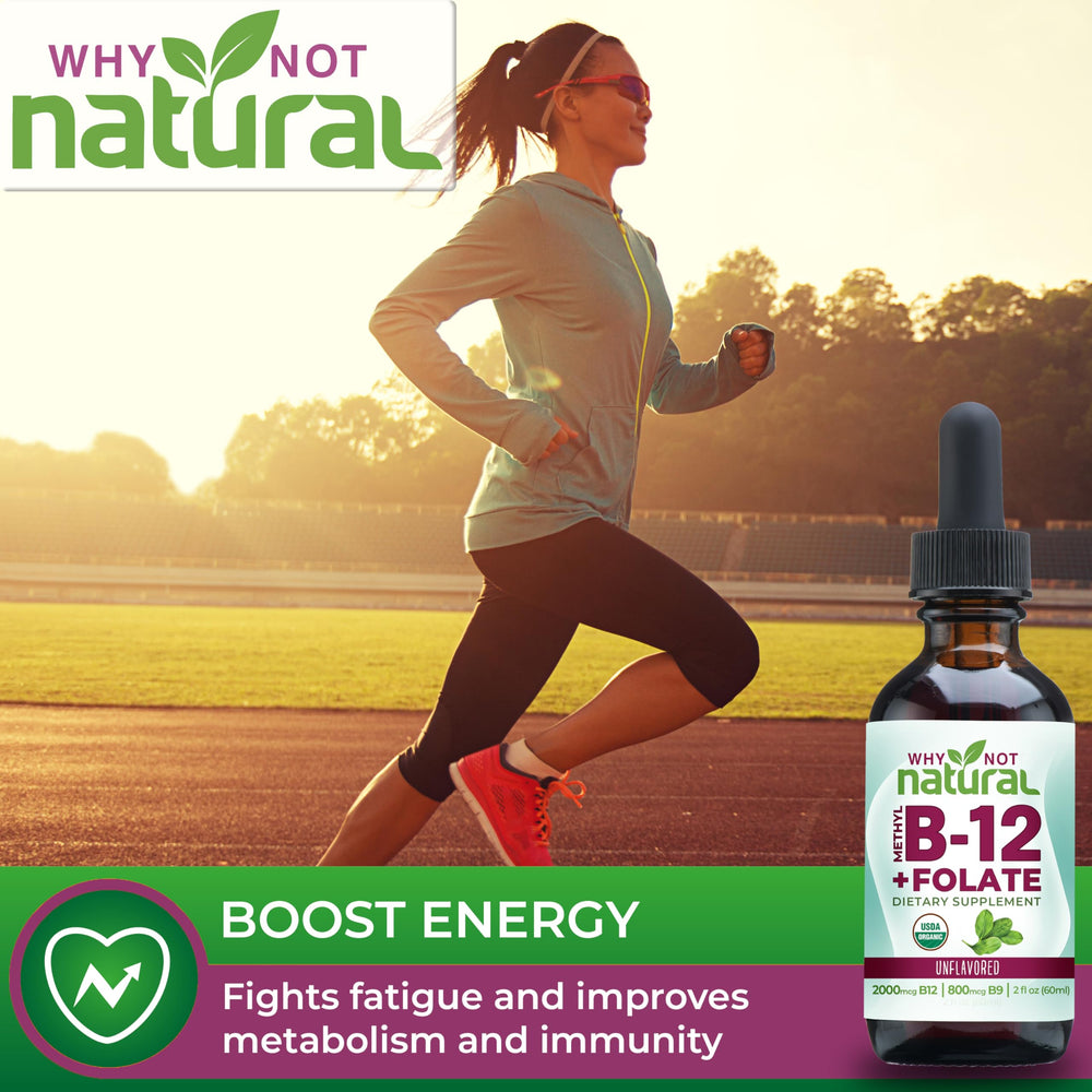 Why Not Natural B12 Liquid Plus Folate vegan sublingual drops for fast absorption.
