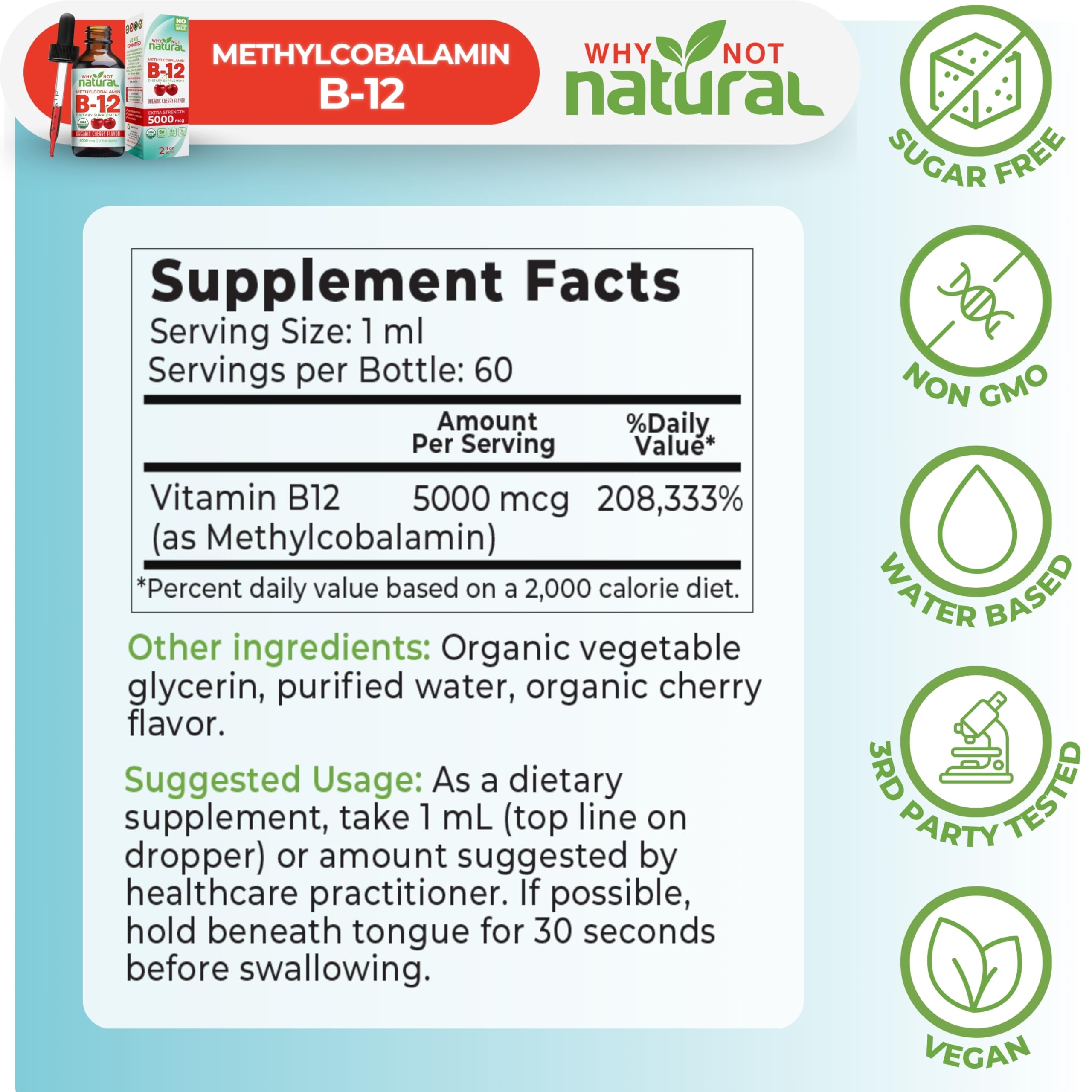 Why Not Natural B12 Liquid vegan symbol highlights a plant-based formula.