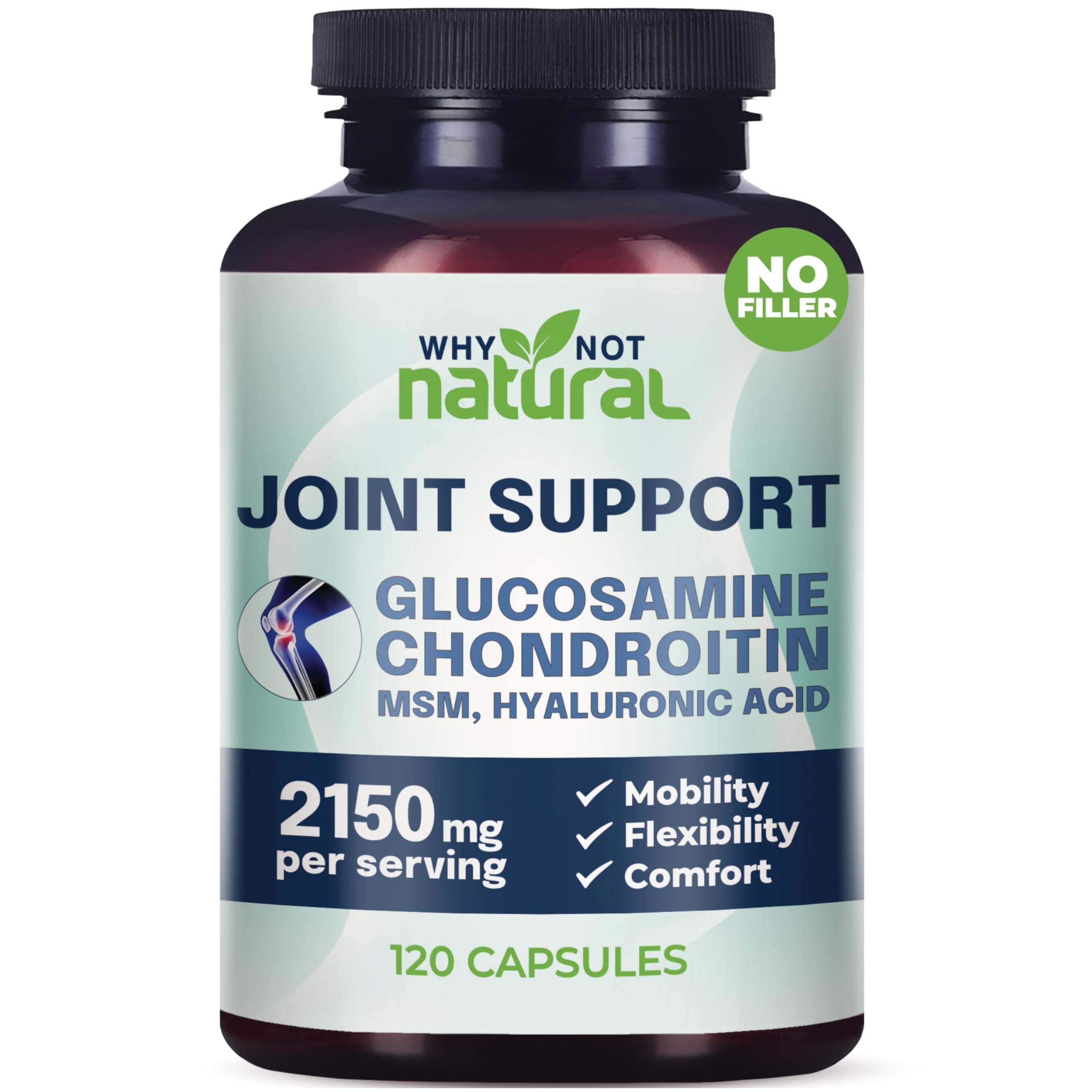 Why Not Natural glucosamine-chondroitin-msm bottle for joint support on shelf.