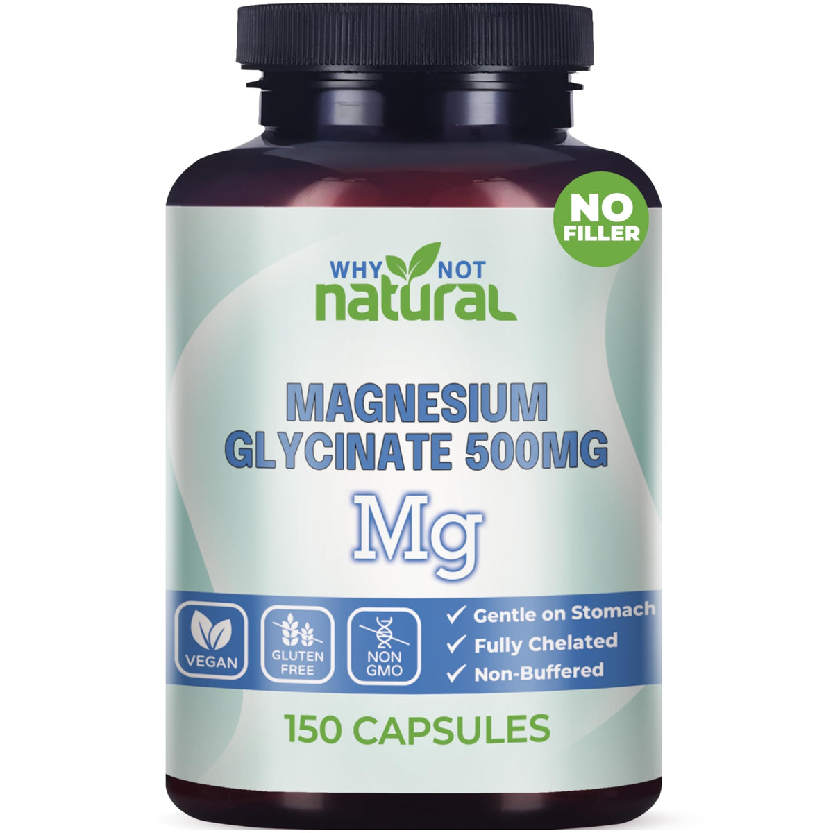 Why Not Natural magnesium glycinate bottle with capsules, highlighting vegan, additive-free formula for sleep support