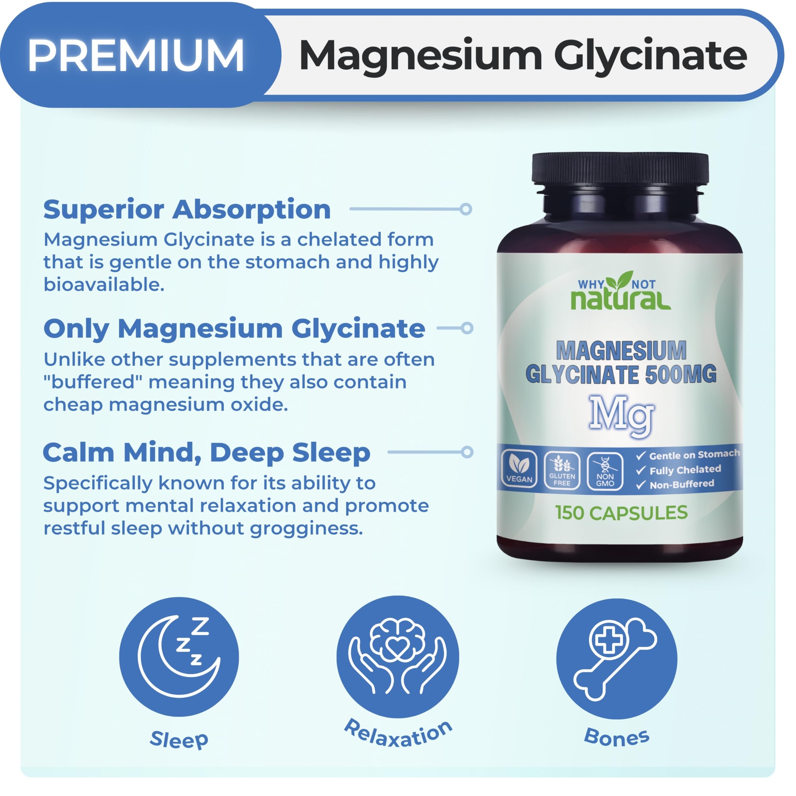 Why Not Natural magnesium glycinate capsules pour, showing easy-to-swallow capsules for calm evenings