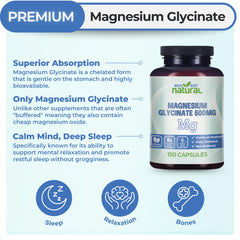 Why Not Natural magnesium glycinate capsules pour, showing easy-to-swallow capsules for calm evenings