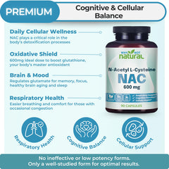 Why Not Natural NAC 600 mg capsules close-up showing a pure additive-free formula