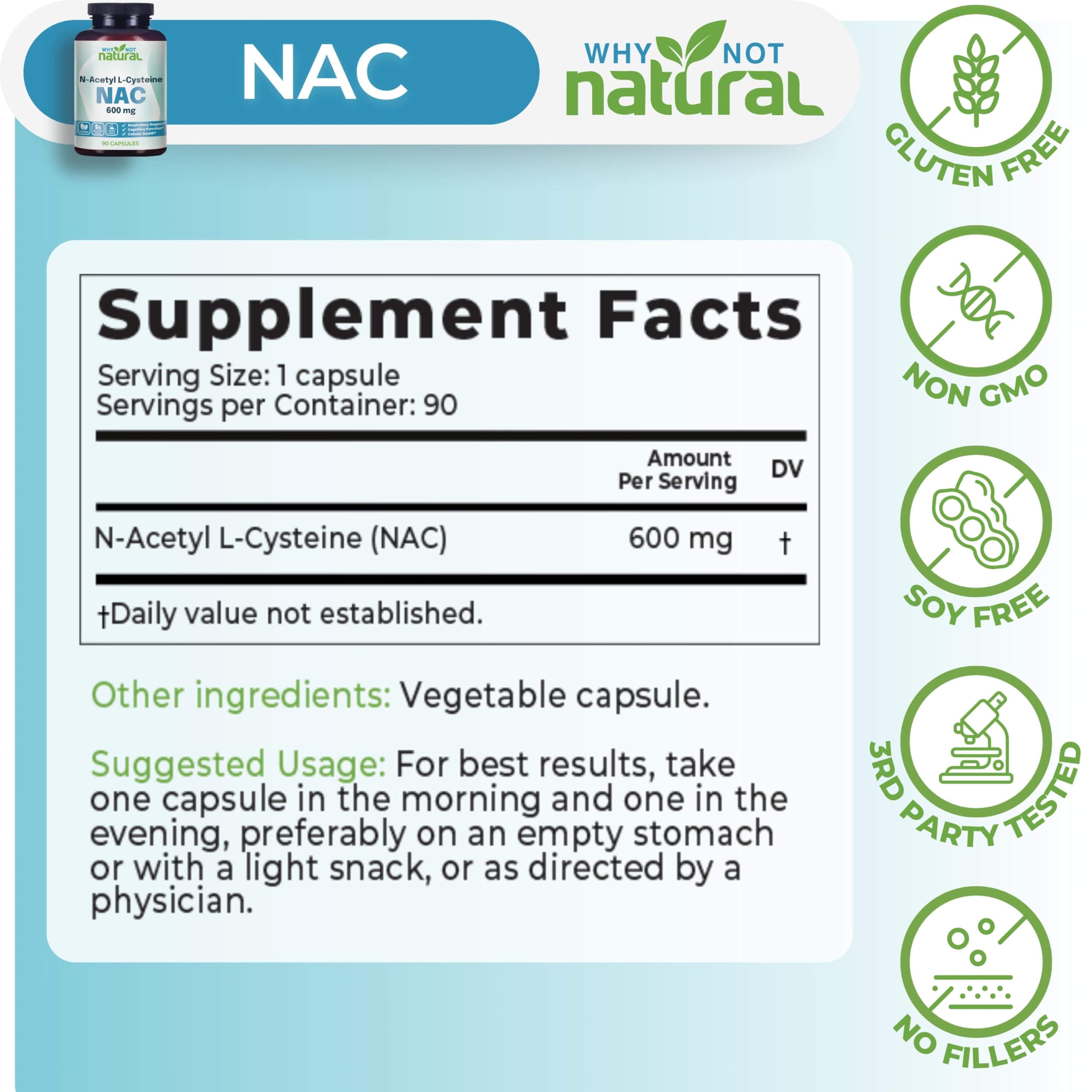 Why Not Natural NAC 600 mg capsules being poured for easy daily dosing
