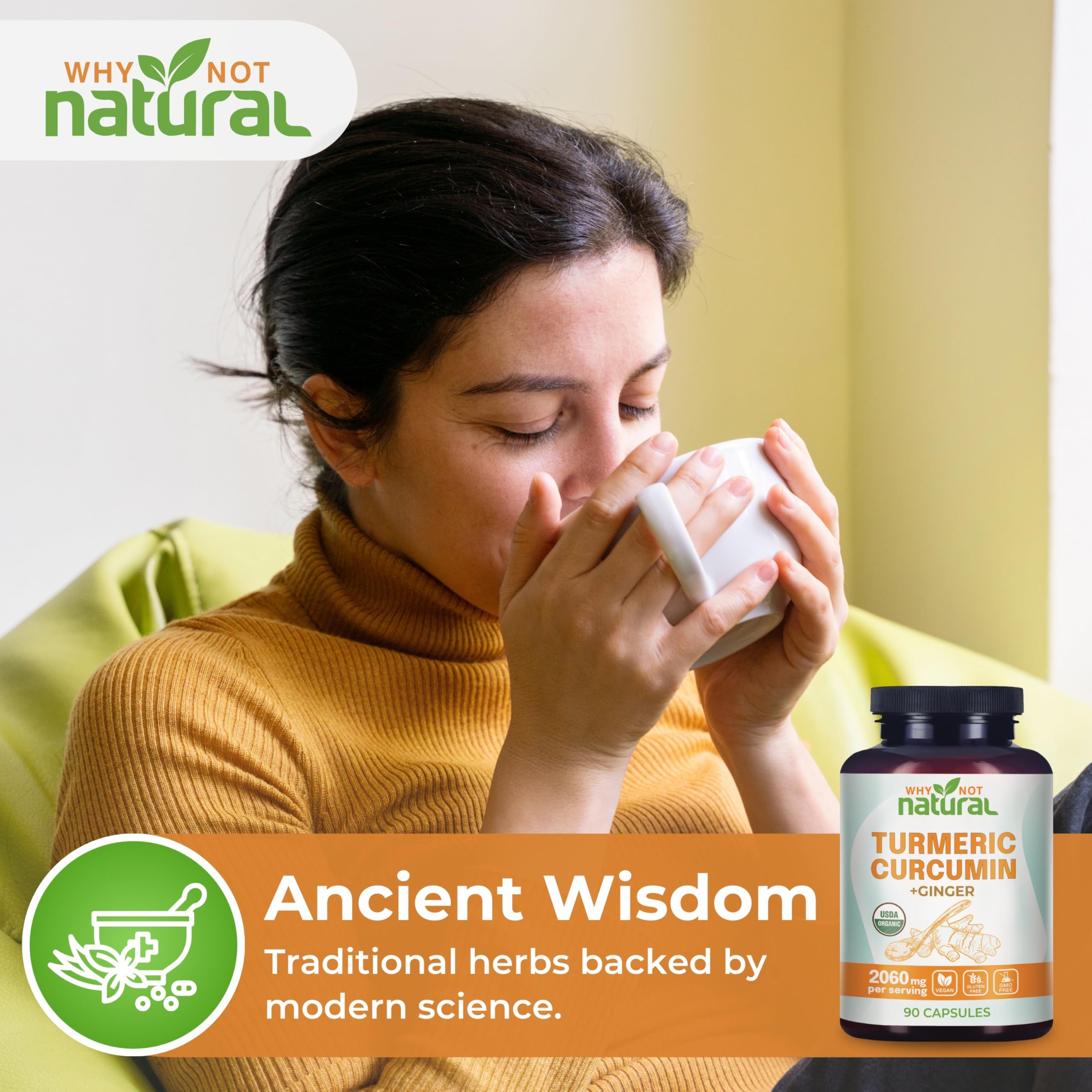 Why Not Natural turmeric-ginger bottle with glass water demonstrates easy daily intake.