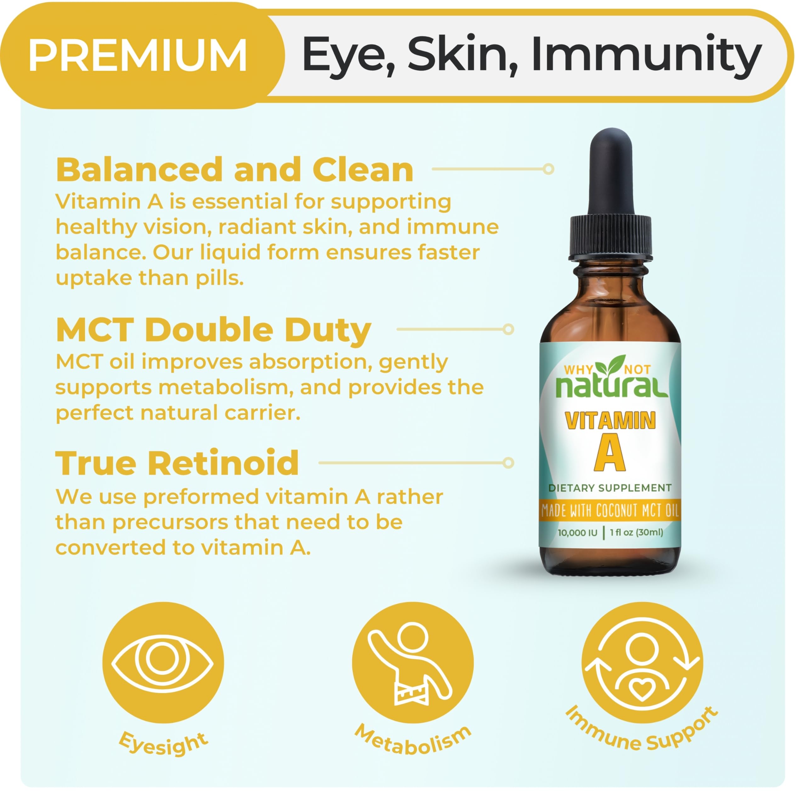 Close view of vitamin A drops MCT oil base in bottle.