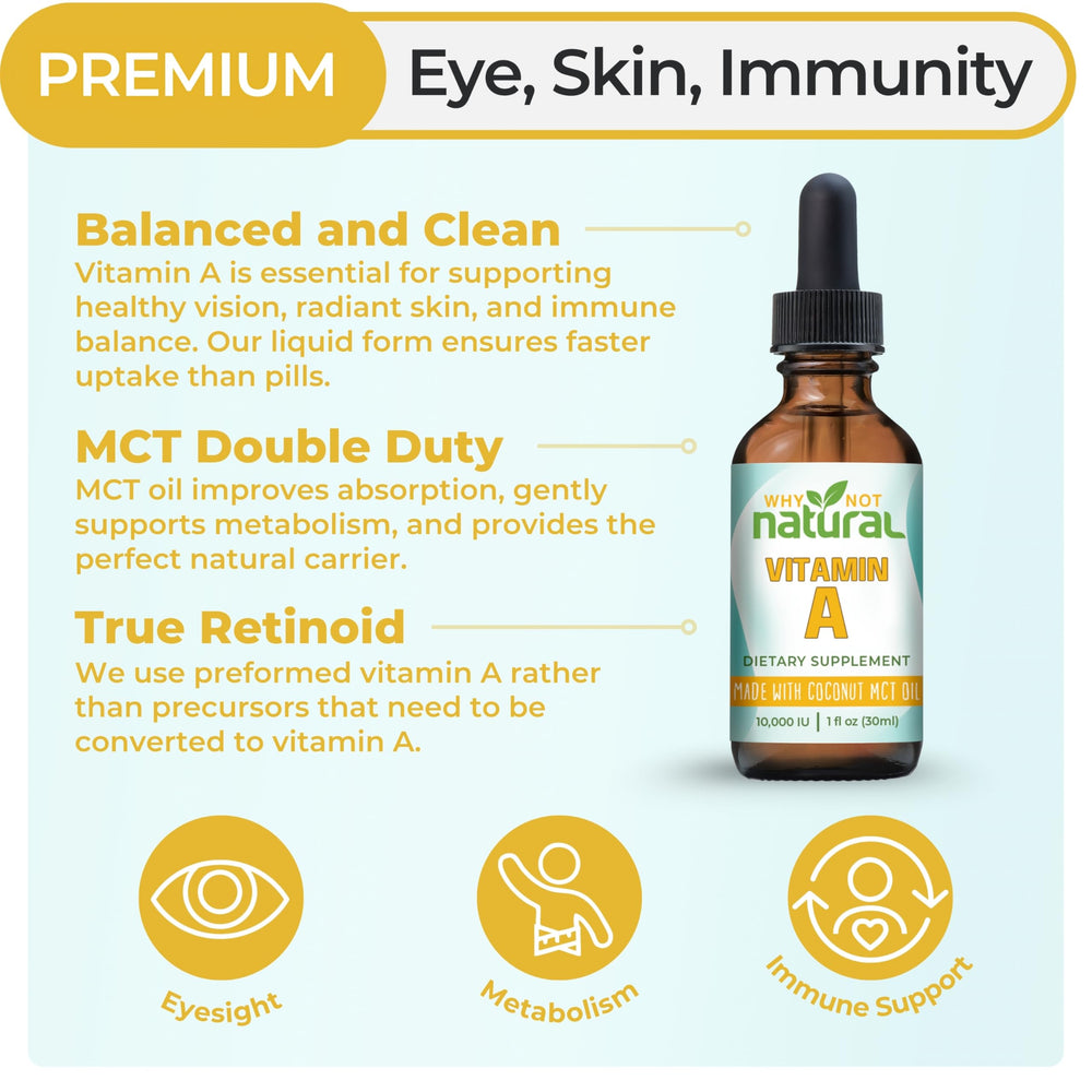 Close view of vitamin A drops MCT oil base in bottle.