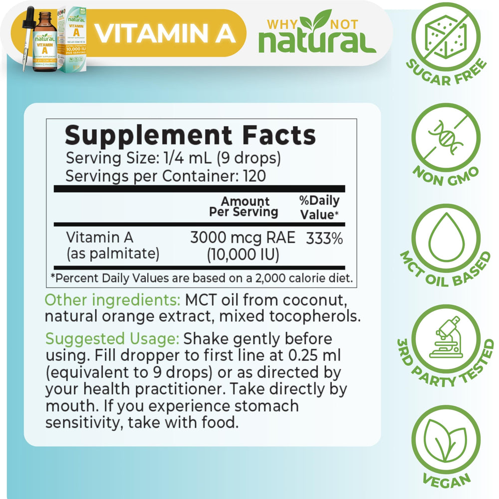 Sublingual use scenario showing vitamin A drops on skin-care routine.
