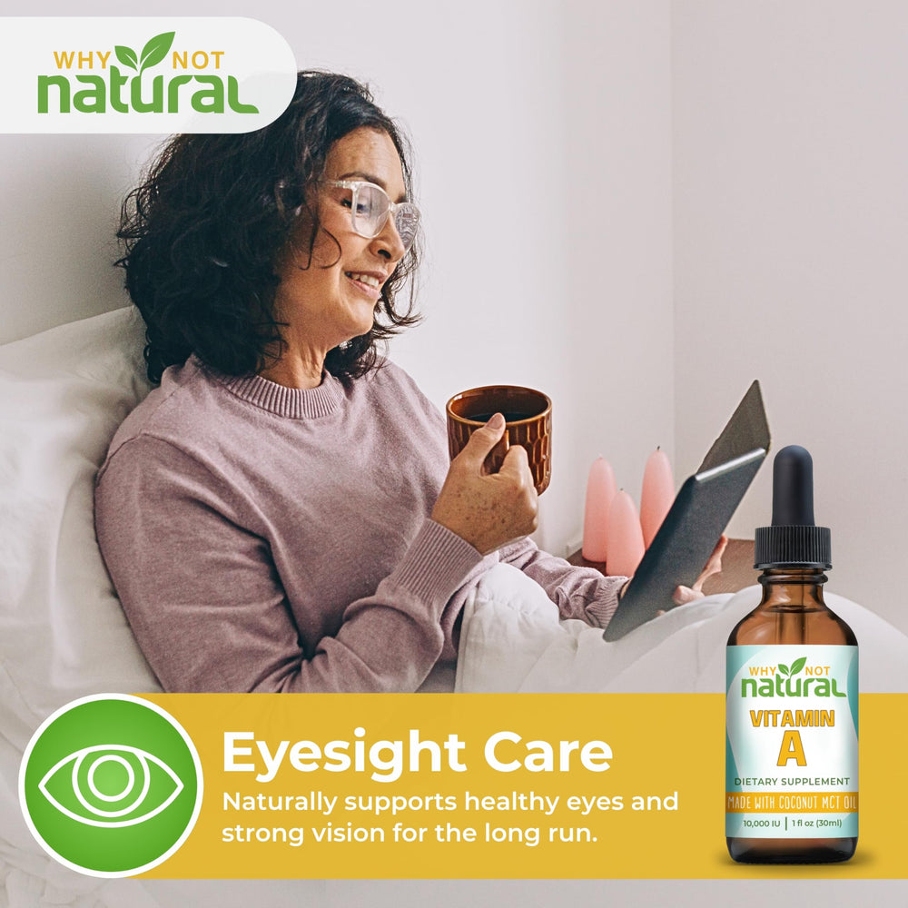 Vegan formula vitamin A drops in coconut MCT oil glass bottle.